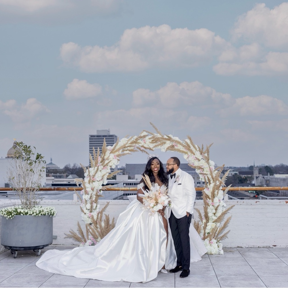 Ese Ezenabor custom pearl colored  satin, jeweled, wedding gown with train - Picture 3 of 8